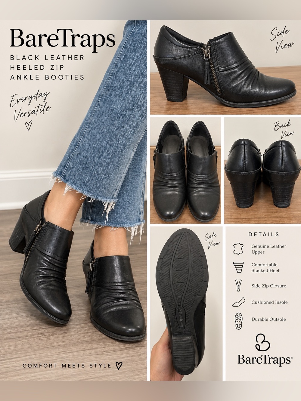 BareTraps Black Leather Heeled Zip Ankle Booties